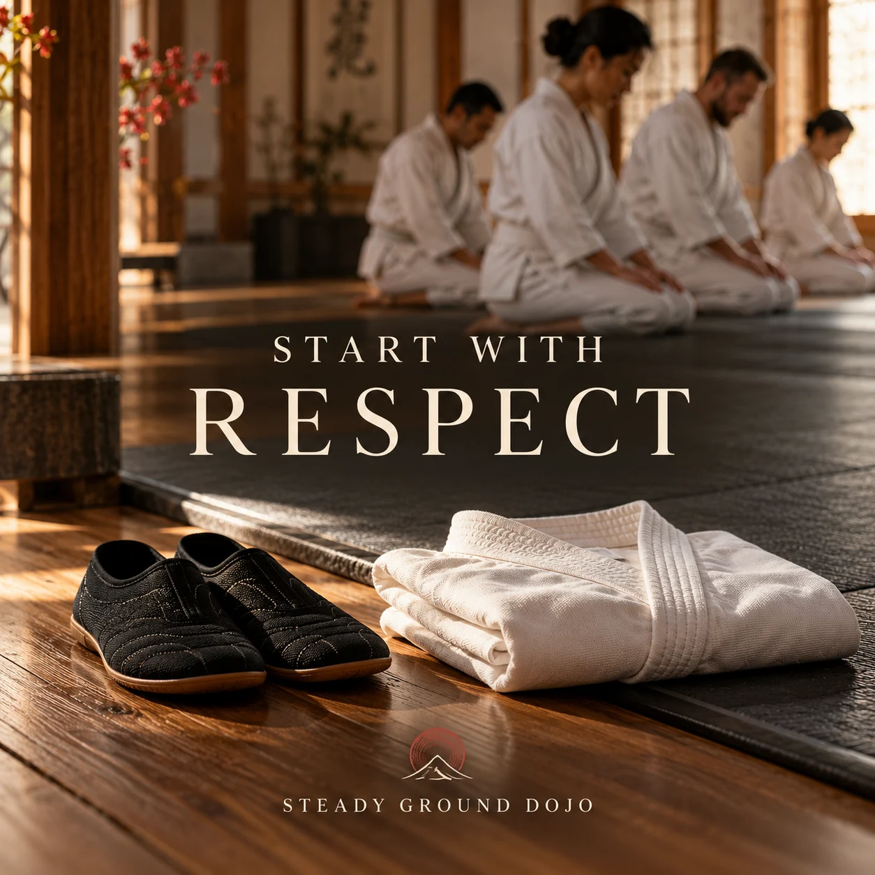 An original martial-arts class preparation still life beside a clean training mat