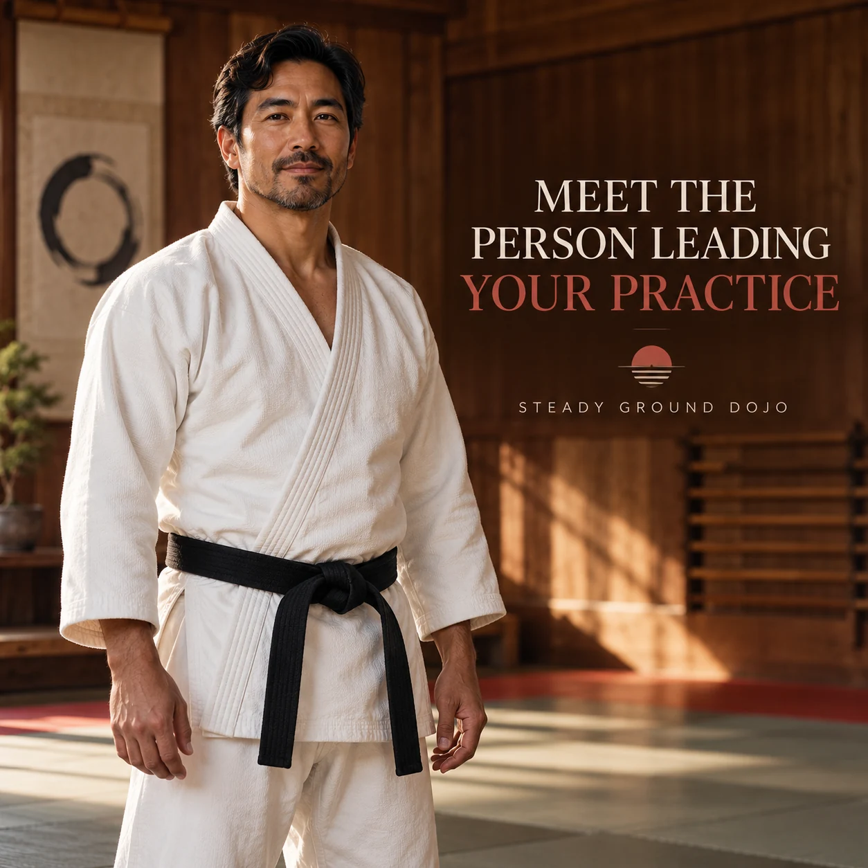 A fictional adult martial-arts instructor in a calm training space