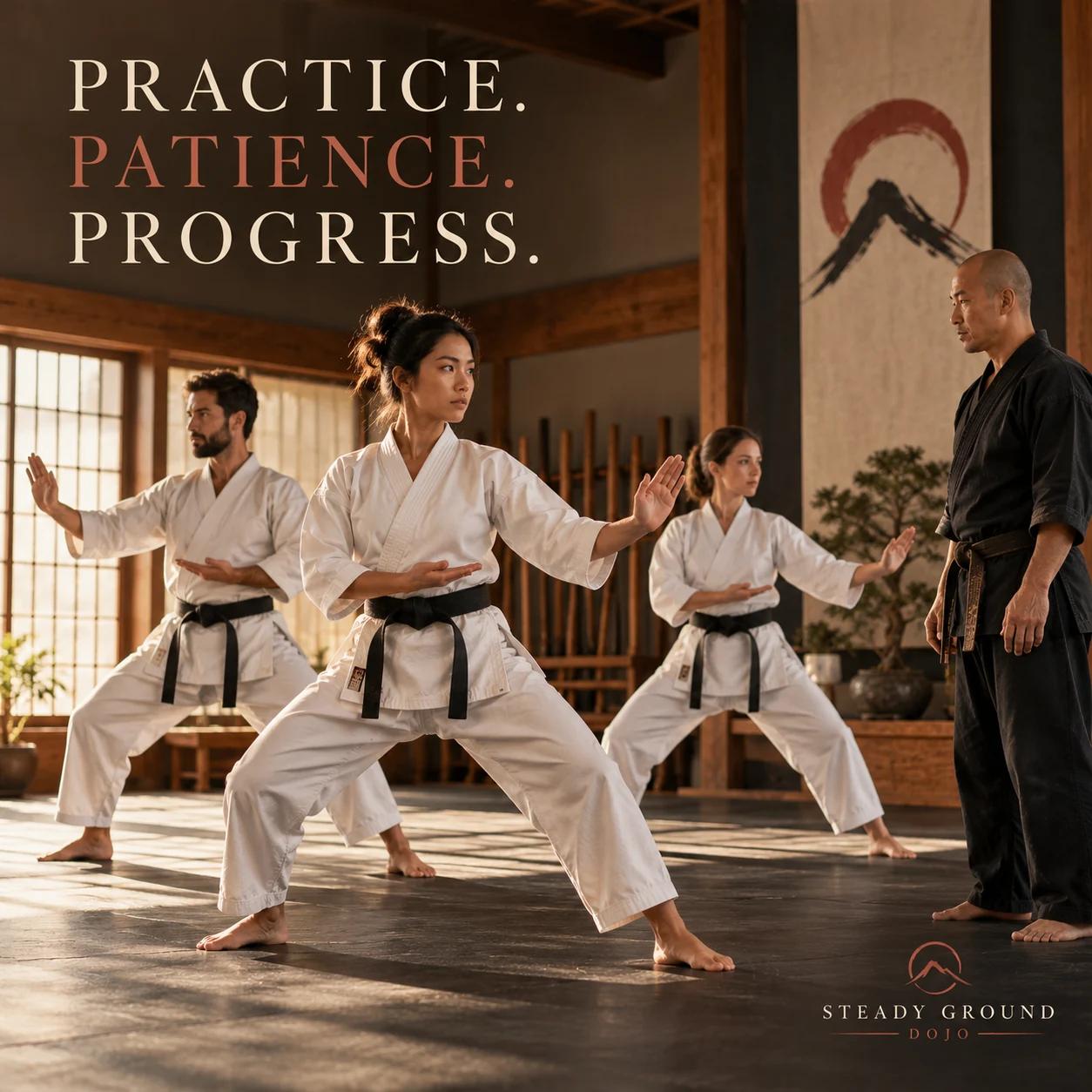 Fictional adult martial-arts students practicing a simple class stance