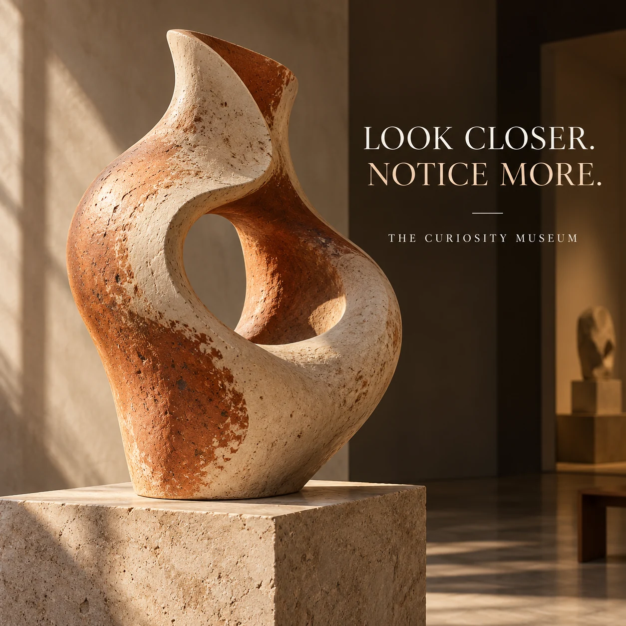 An original abstract ceramic sculpture concept in an illustrative museum gallery