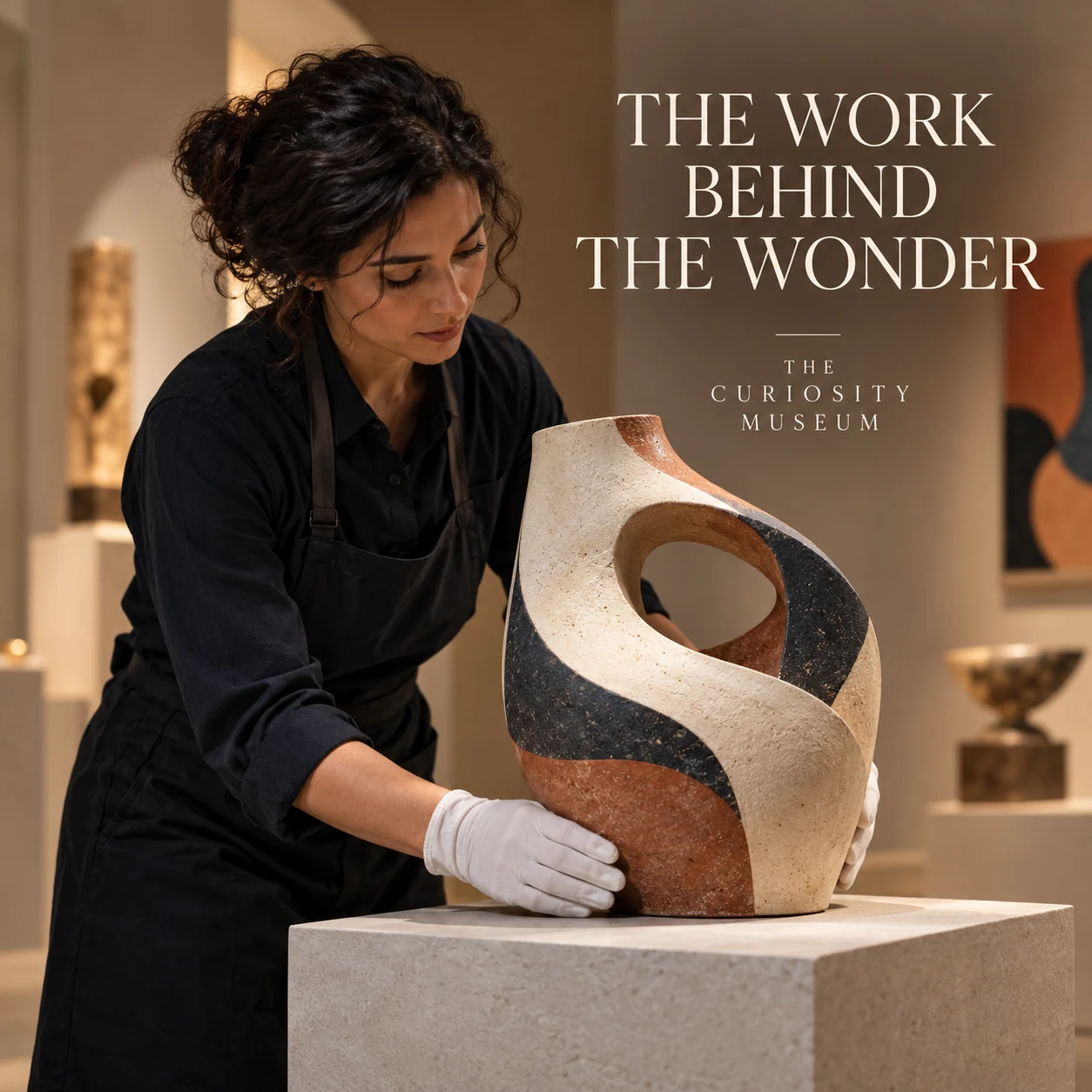 A fictional museum team member preparing an original sculpture display