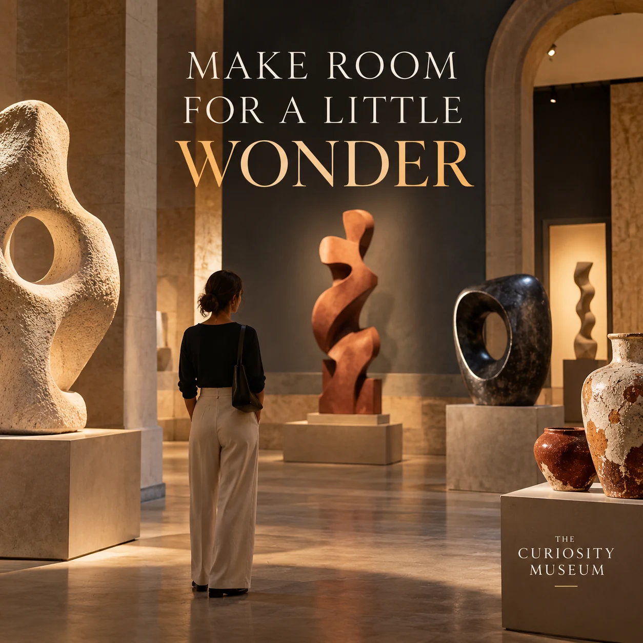 An original museum-exhibition concept with abstract sculptures and an adult visitor