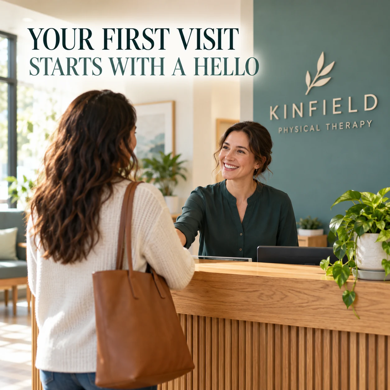 A fictional physical-therapy reception welcoming an adult visitor