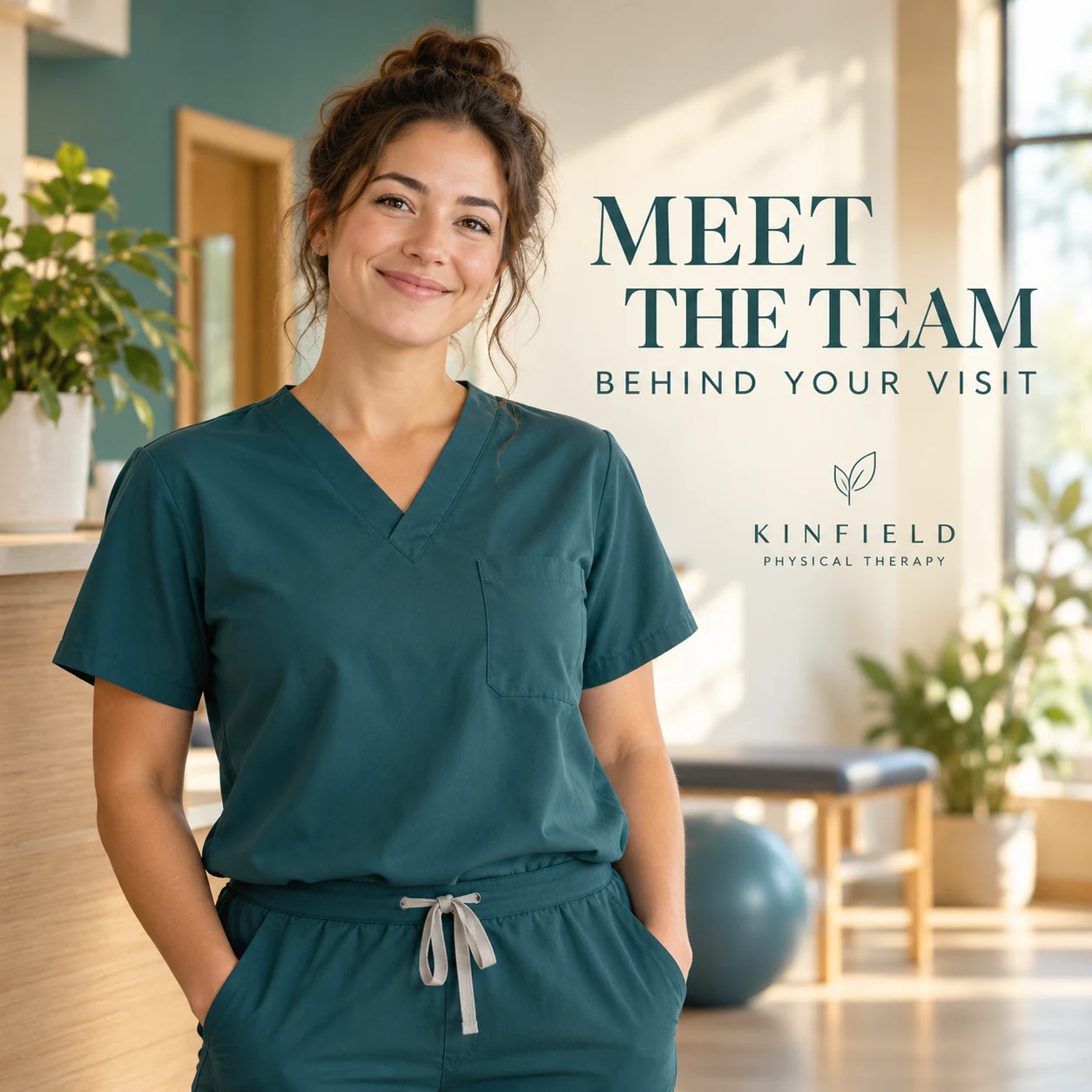 A fictional physical-therapy team member in a bright clinic