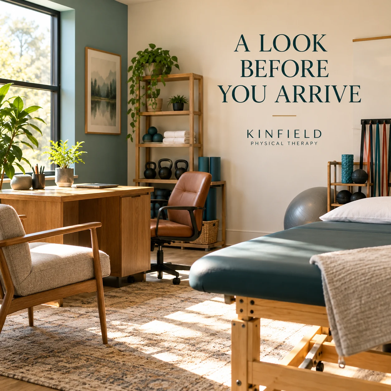 An illustrative empty physical-therapy clinic consultation space