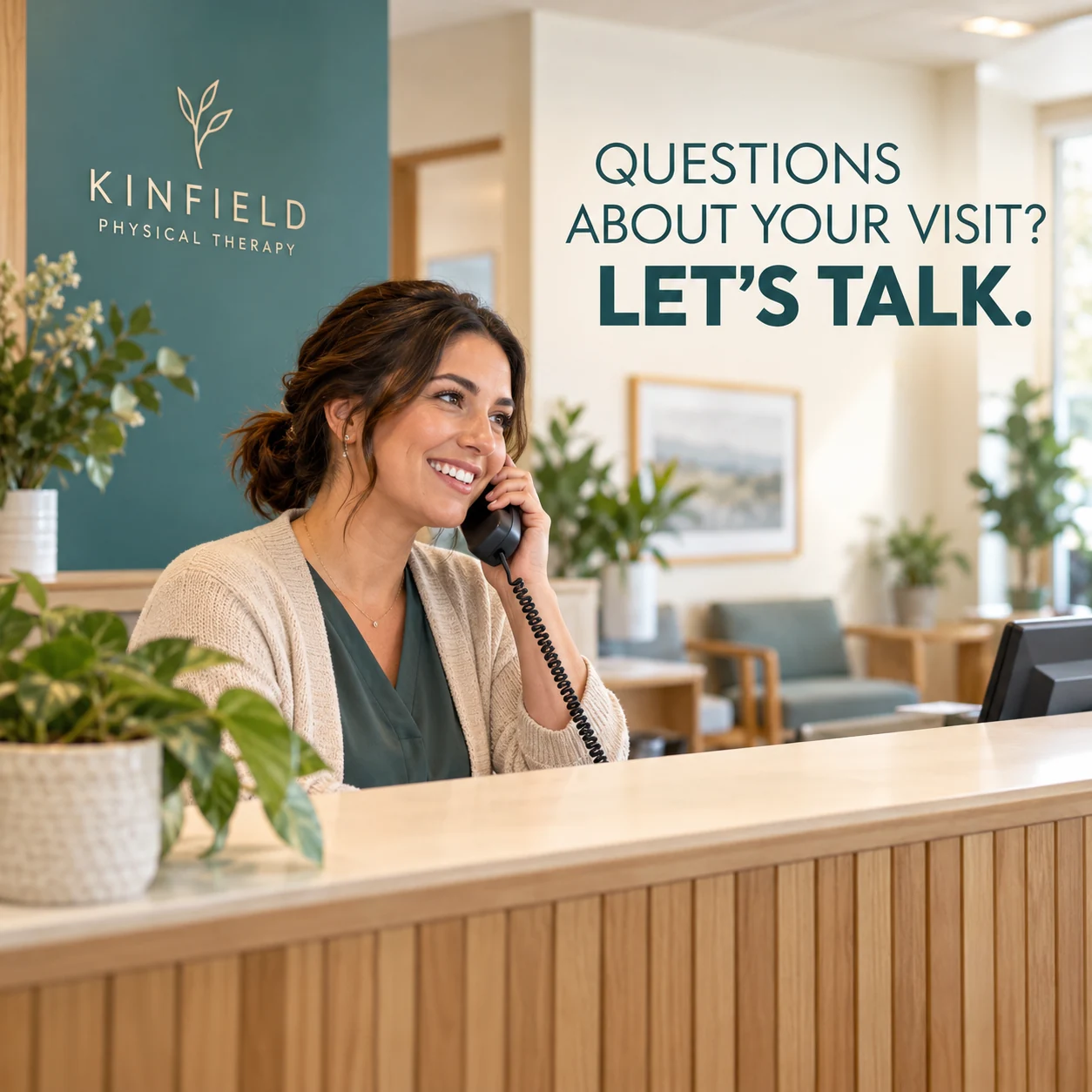 A fictional clinic receptionist answering an appointment enquiry