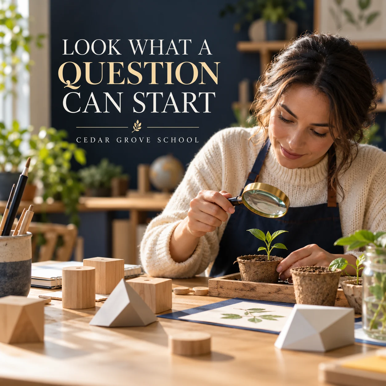 An original classroom activity scene with blocks, paper shapes and seedlings