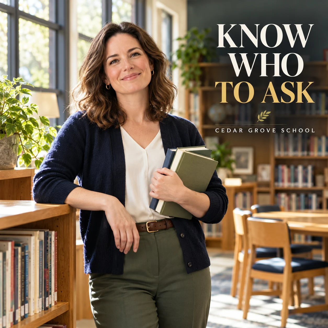 A fictional adult school librarian in a welcoming library