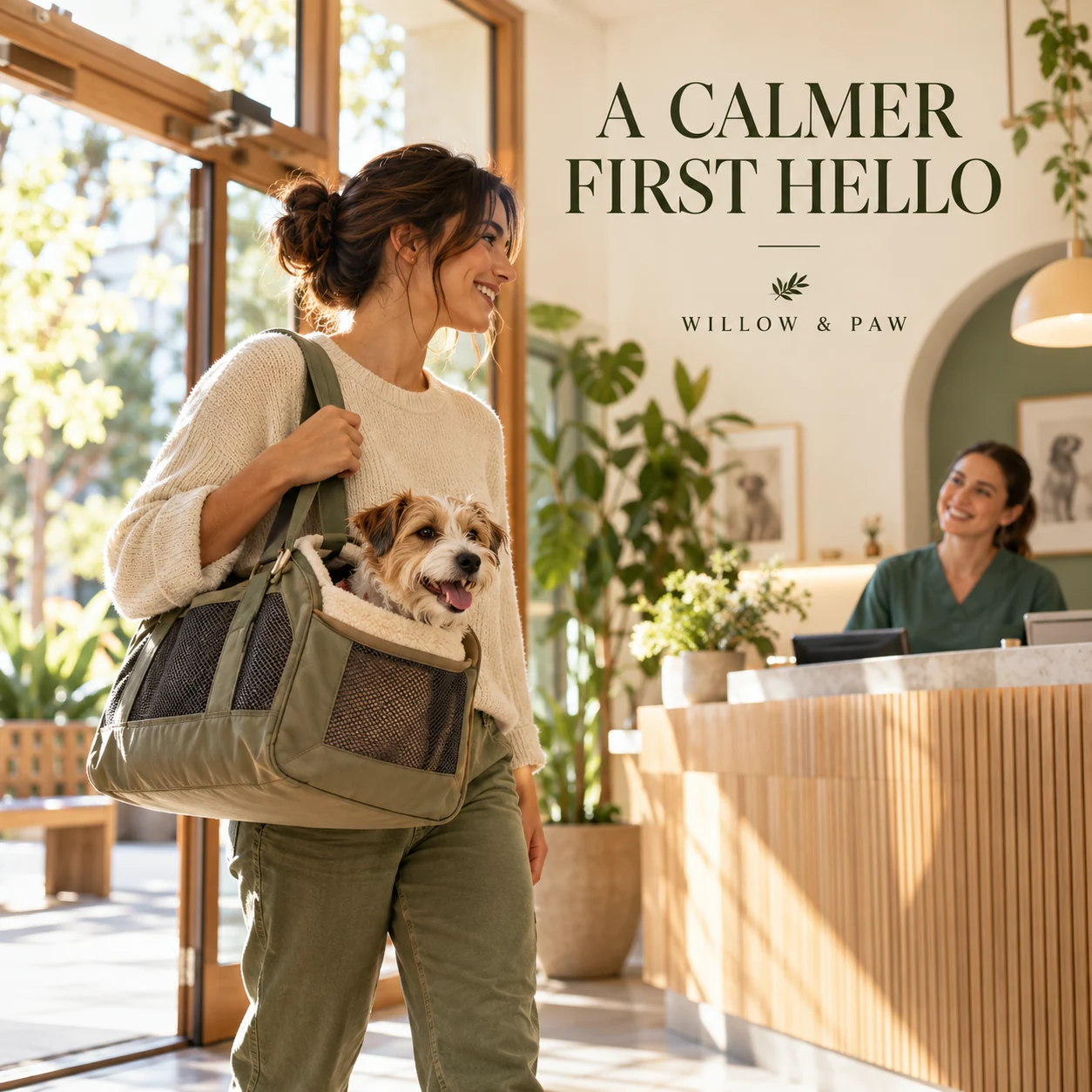 A pet owner and terrier arriving at a fictional veterinary reception
