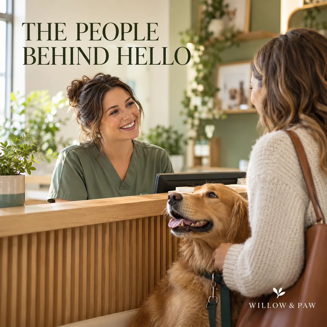 A fictional veterinary receptionist welcoming a dog and owner