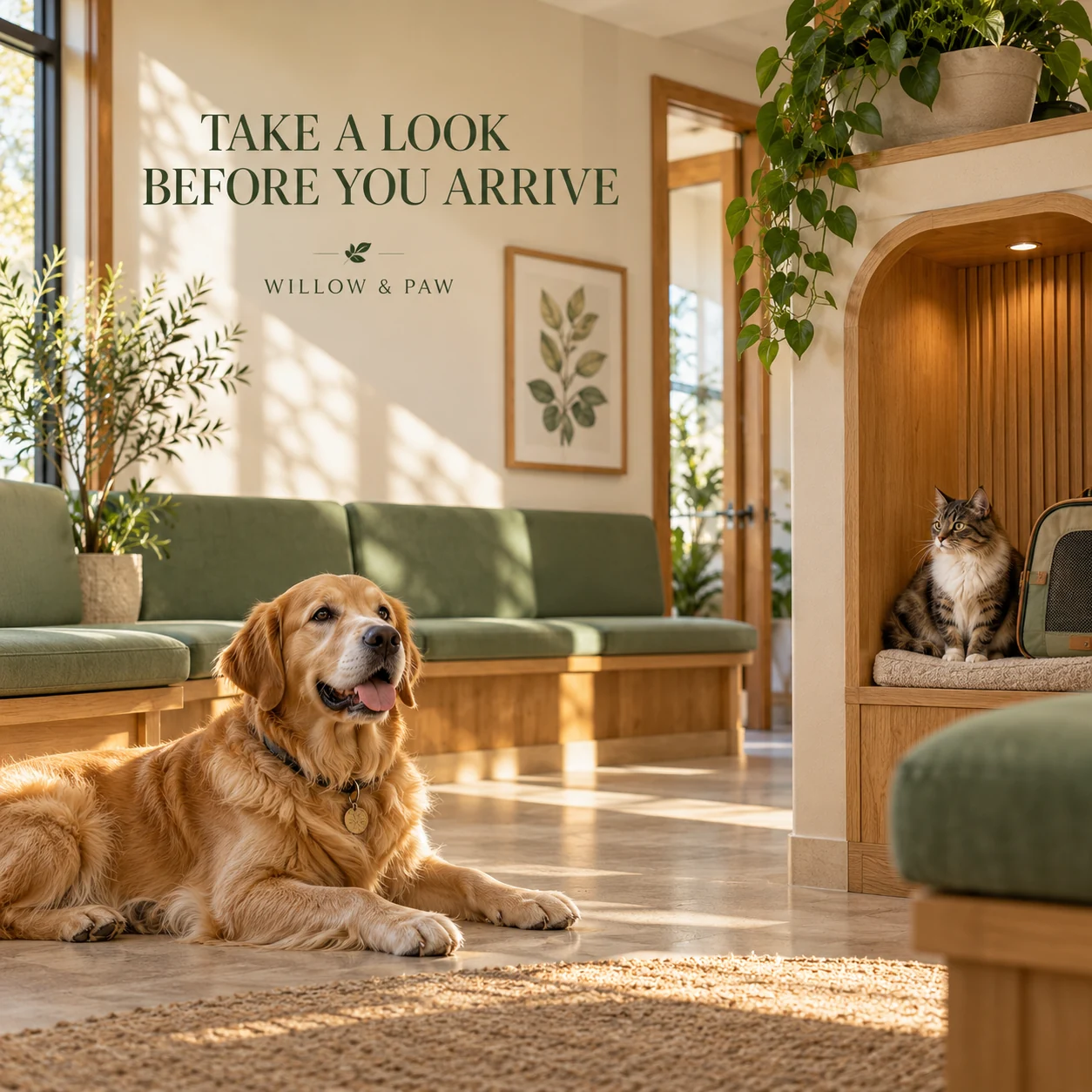 A calm illustrative veterinary waiting area with seating and a cat-carrier nook