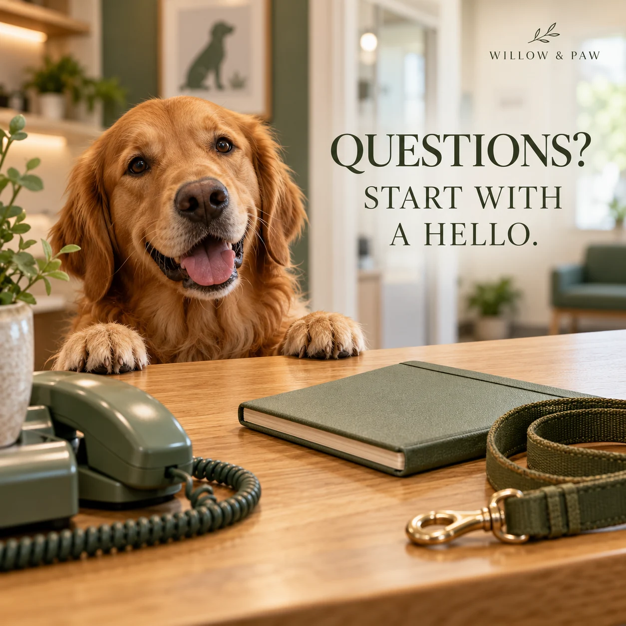 A veterinary reception phone, appointment notebook and dog lead