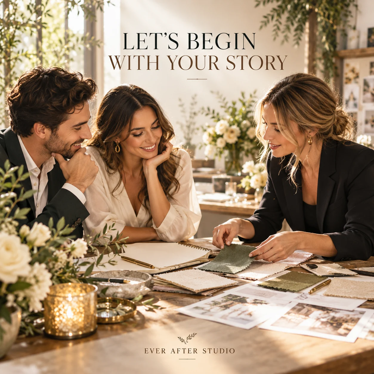 A fictional wedding-planning consultation with materials and a notebook
