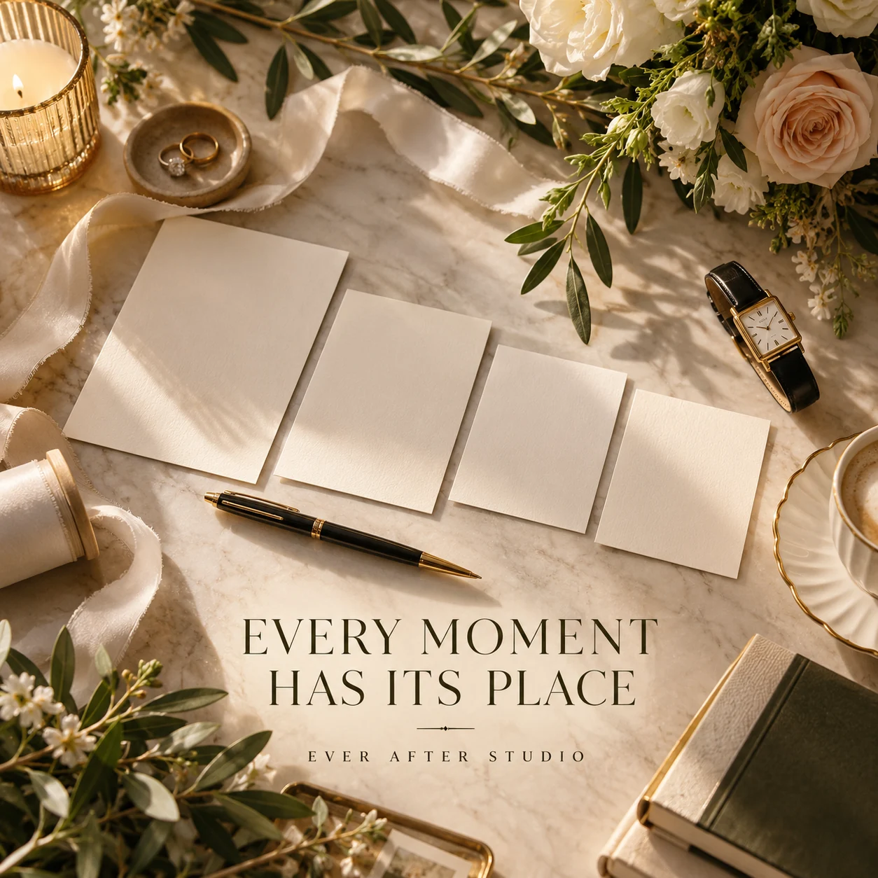 A wedding-planning desk with blank sequence cards, watch and ribbon