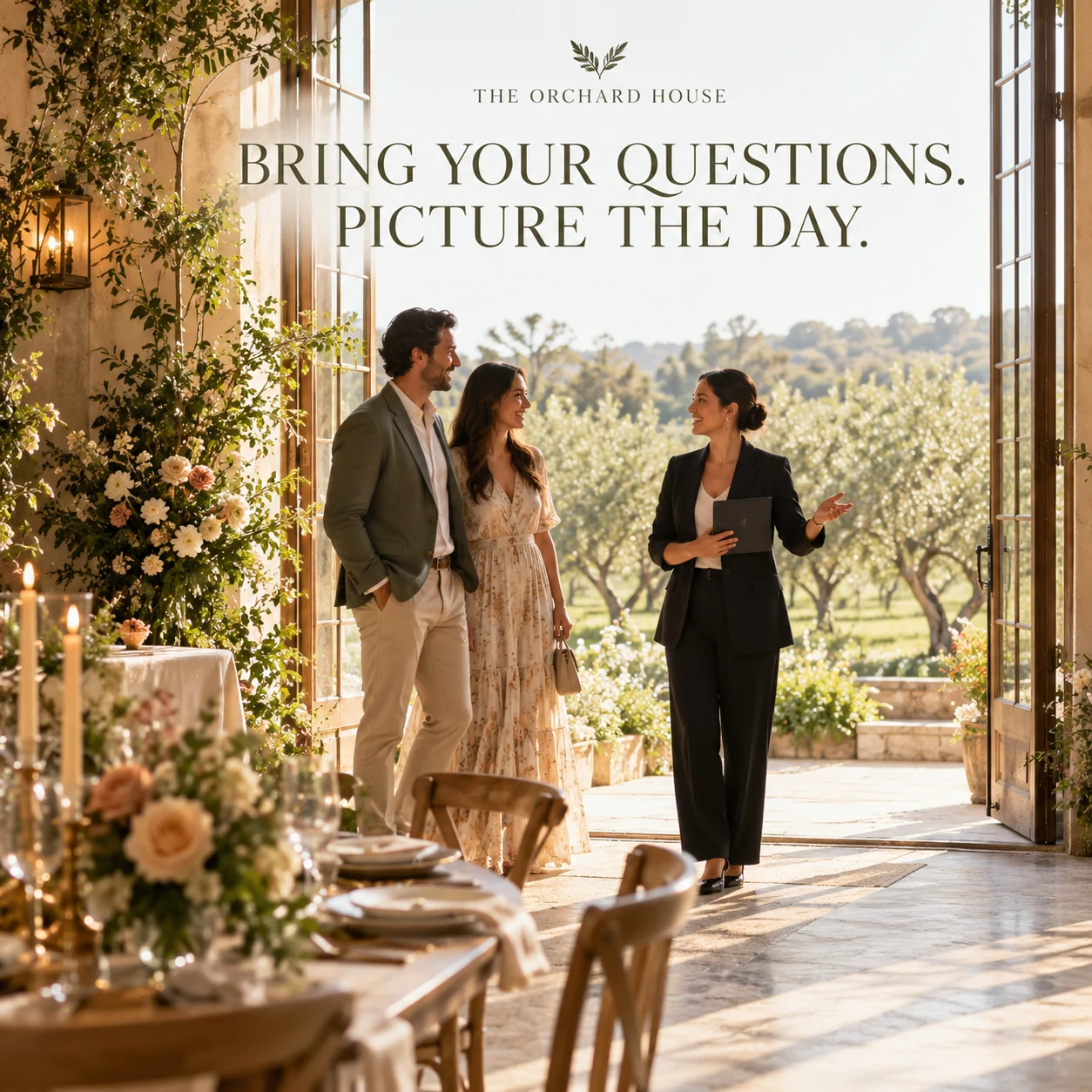 A fictional adult couple touring a countryside wedding venue
