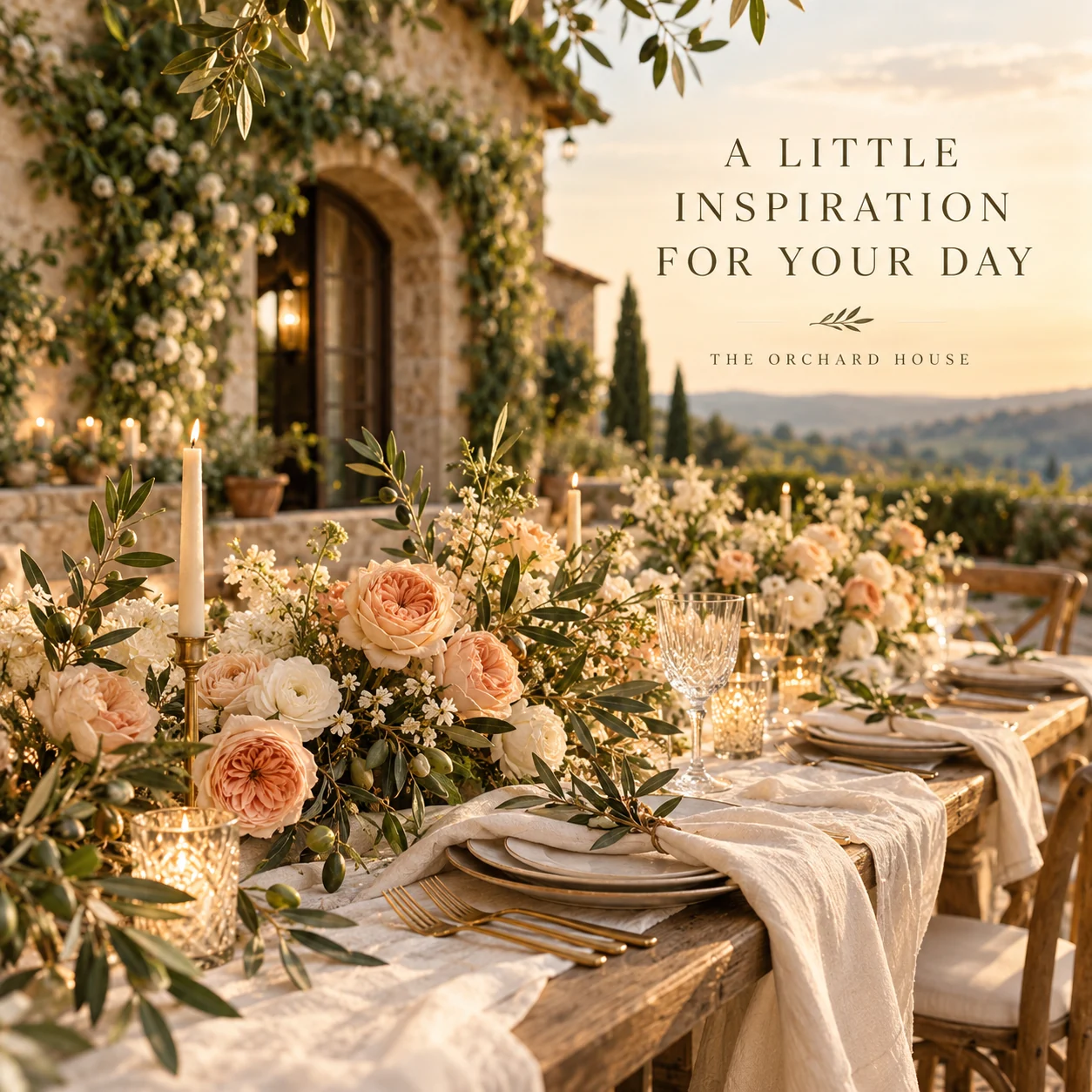 An original styled wedding-table concept with flowers, linen and olive branches