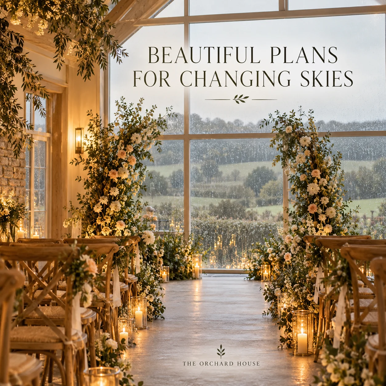 An original indoor wedding ceremony concept with a rainy orchard view