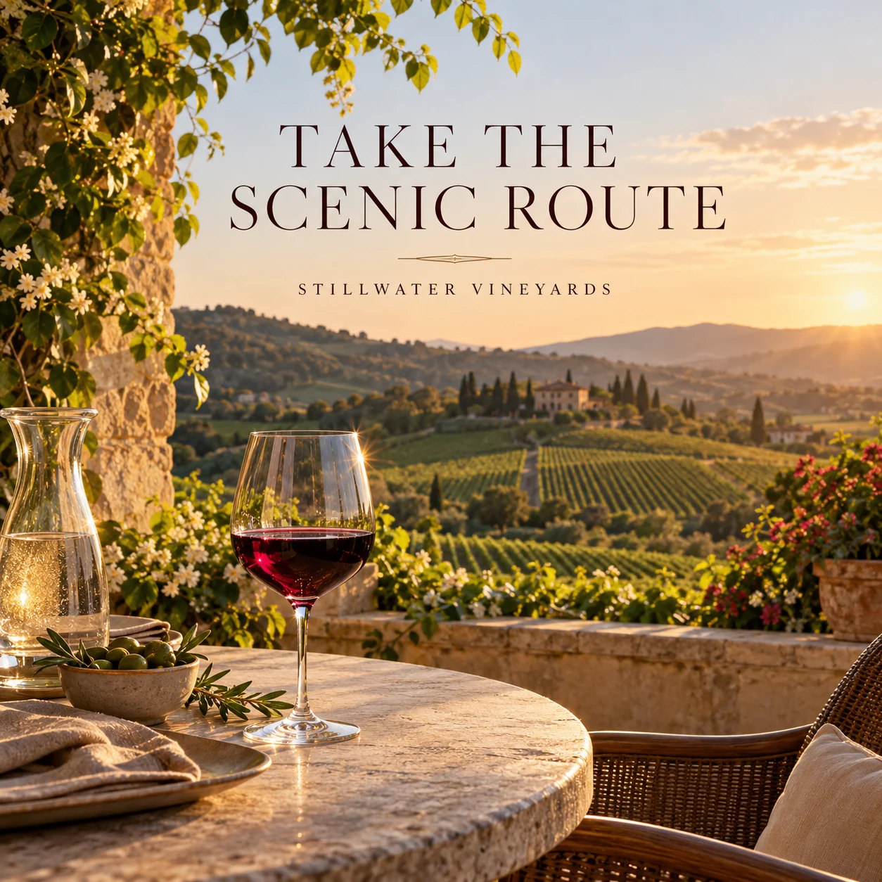 An original winery terrace concept overlooking vineyard rows