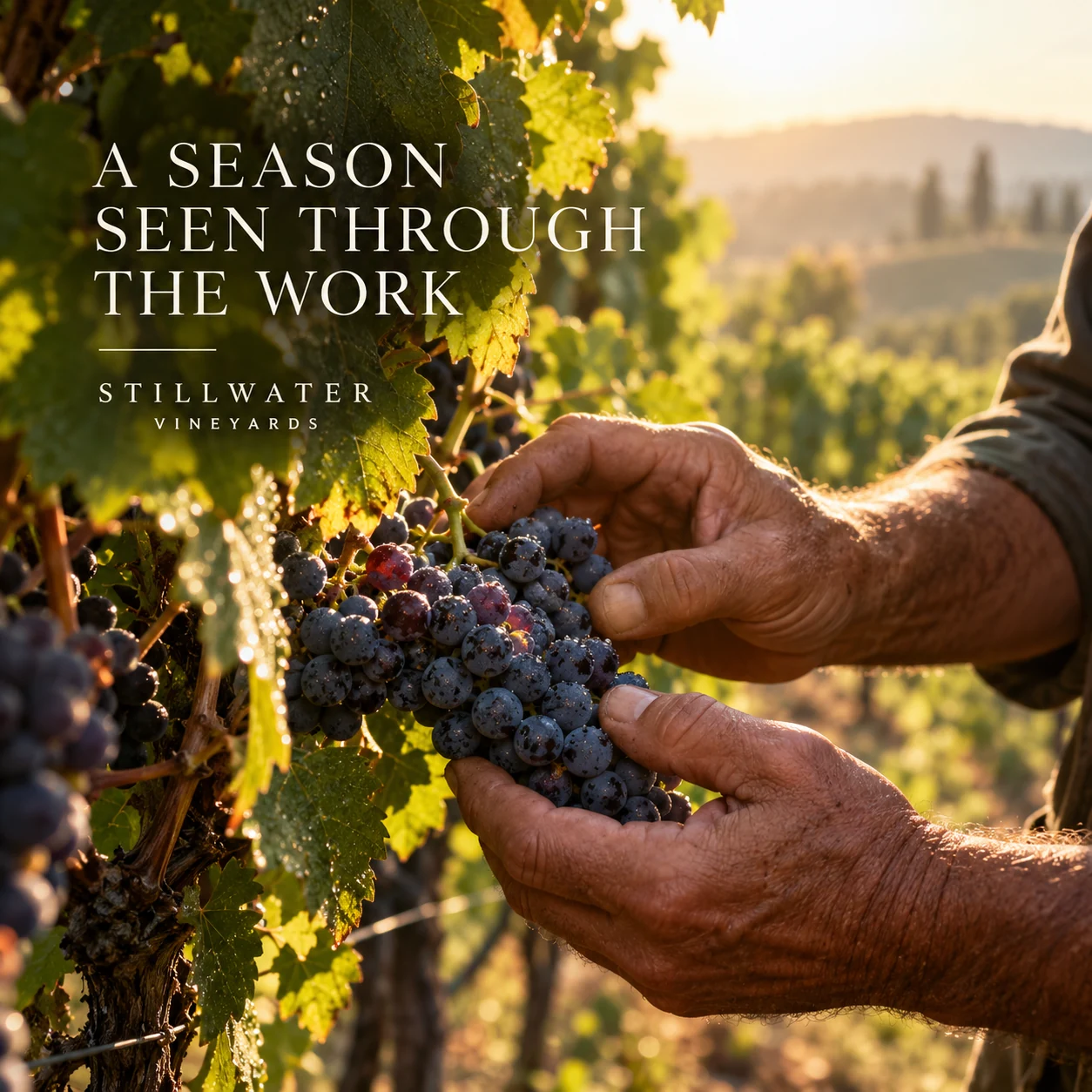 A fictional vineyard-work scene with grapes and sunlit leaves