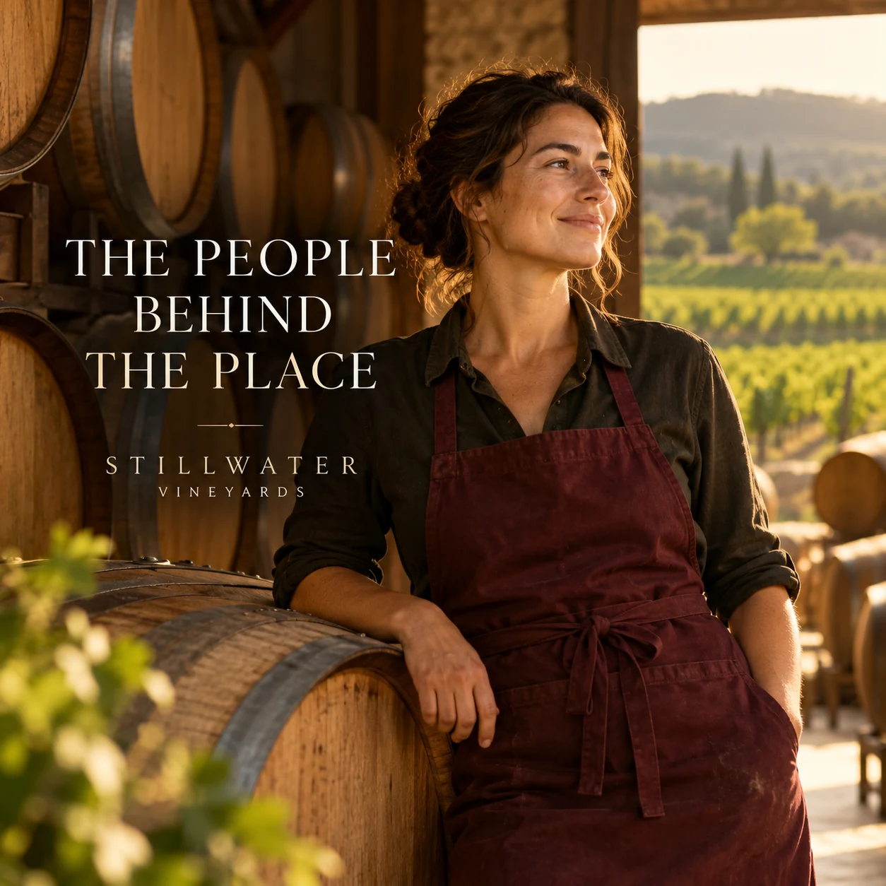 A fictional adult winery team member in an oak-barrel room