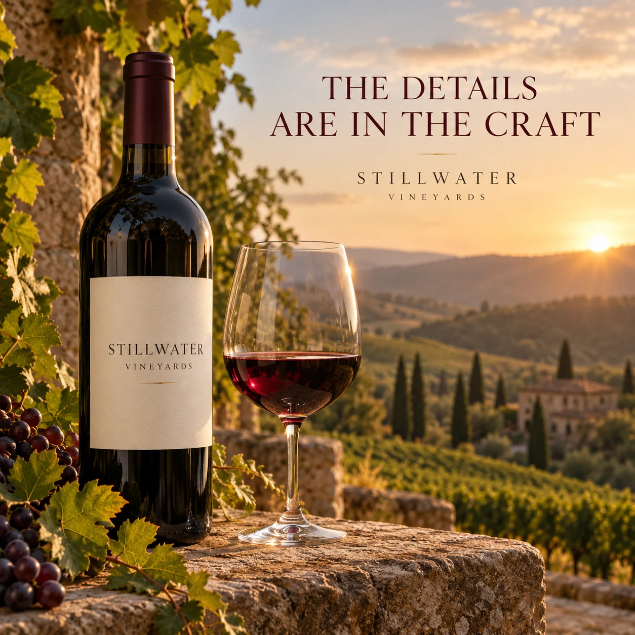 An original fictional winery product concept with bottle, glass and vine sprig