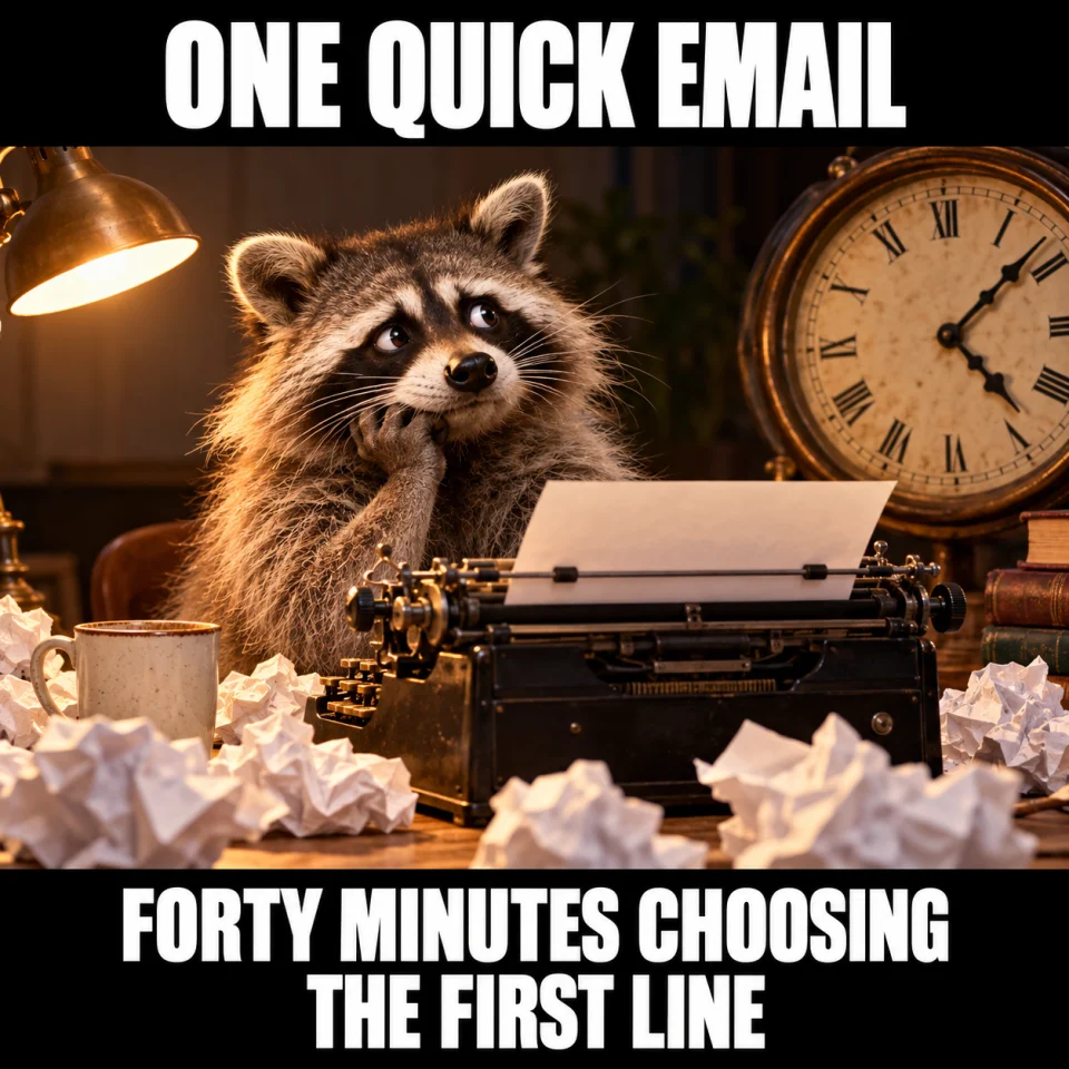 ONE QUICK EMAIL. FORTY MINUTES CHOOSING THE FIRST LINE. A raccoon pauses at a typewriter surrounded by discarded drafts.