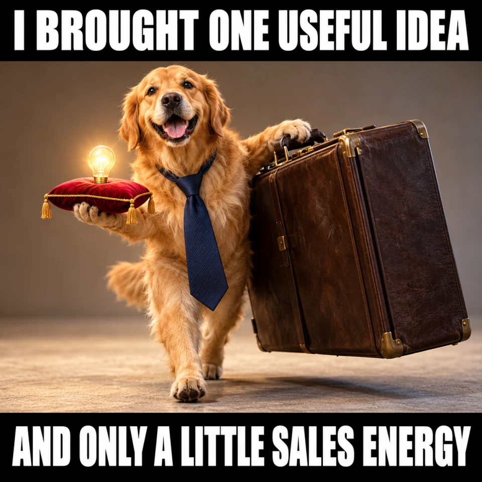 Sales email meme of a golden retriever holding a lightbulb and briefcase: I brought one useful idea, and only a little sales energy.