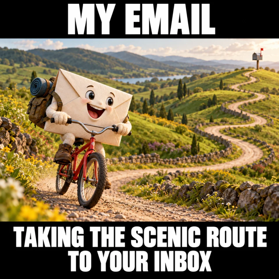 MY EMAIL. TAKING THE SCENIC ROUTE TO YOUR INBOX. A paper envelope cycles along a winding road toward a mailbox.