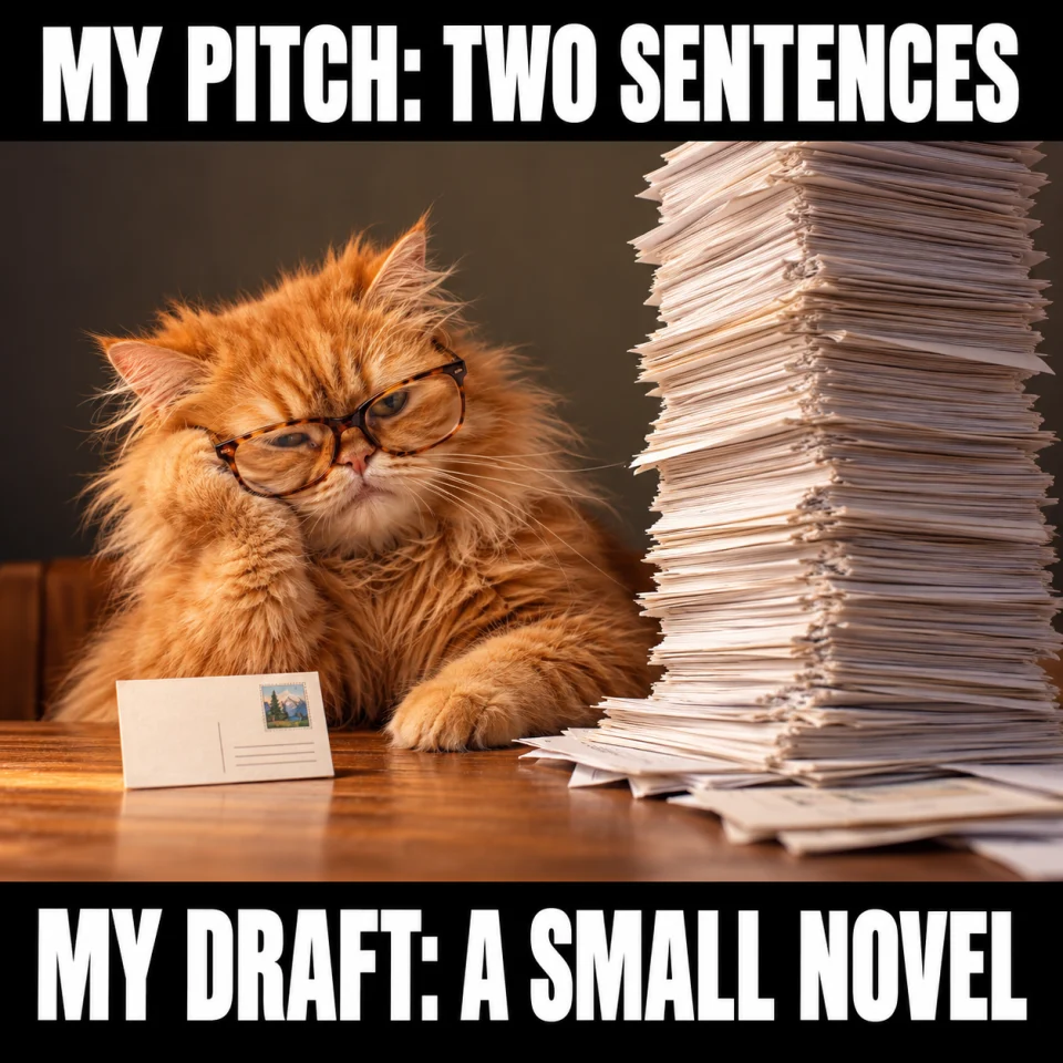 Cold email meme of a cat beside a huge stack of paper: My pitch, two sentences; my draft, a small novel.