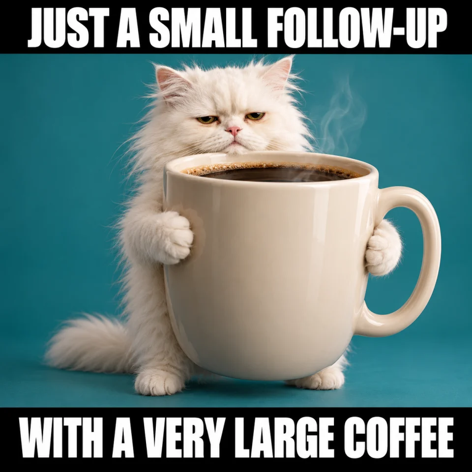 Just checking in sales follow-up meme: a cat holds an enormous coffee under the caption Just a small follow-up, with a very large coffee.