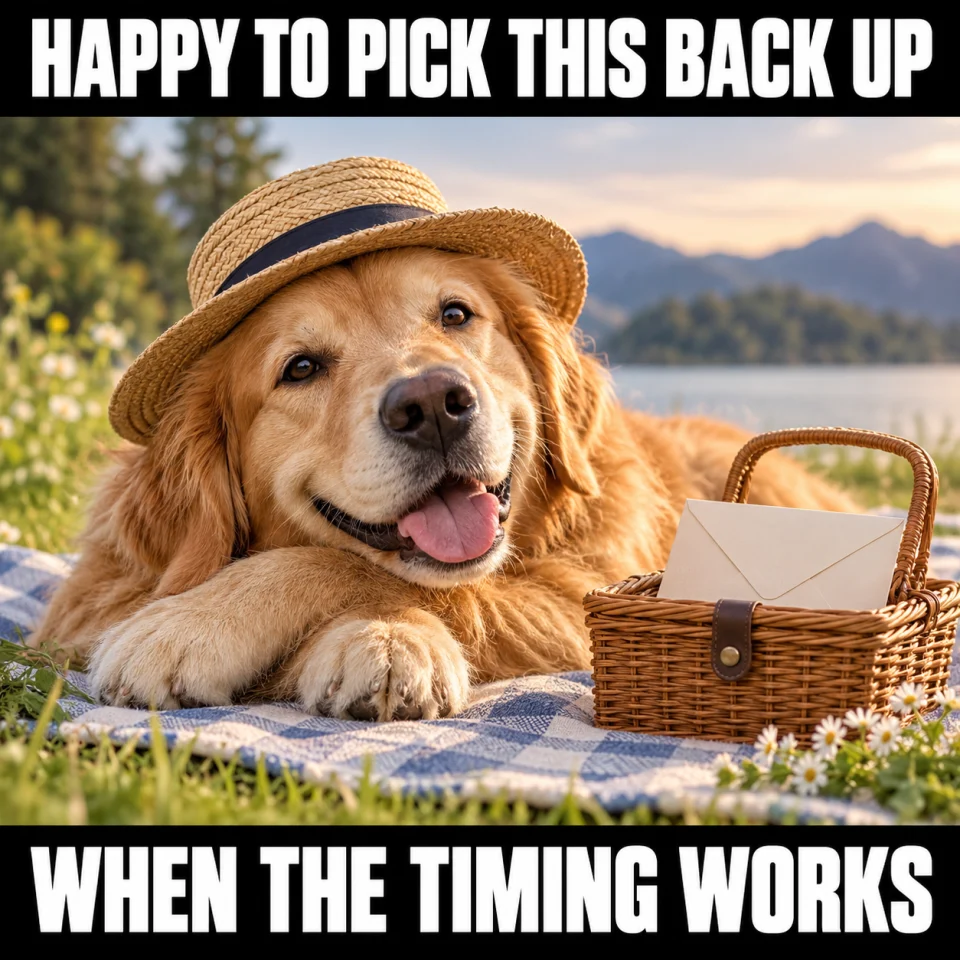 HAPPY TO PICK THIS BACK UP. WHEN THE TIMING WORKS. A relaxed dog rests beside an envelope in a picnic basket.