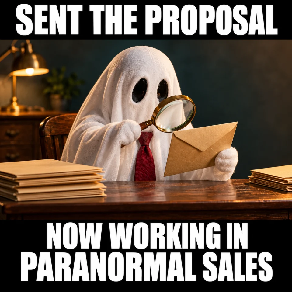 SENT THE PROPOSAL. NOW WORKING IN PARANORMAL SALES. A friendly sheet ghost examines an envelope with a magnifying glass.