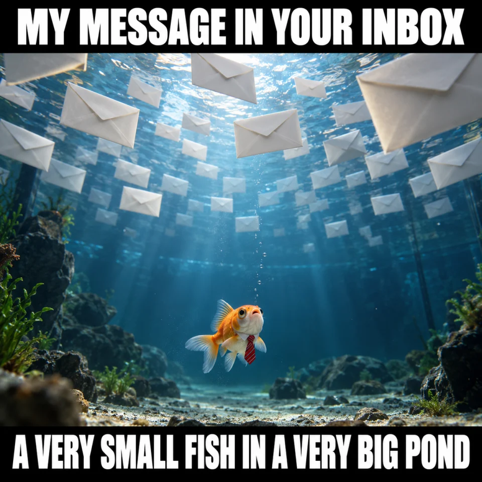 MY MESSAGE IN YOUR INBOX. A VERY SMALL FISH IN A VERY BIG POND. A tiny goldfish swims below a crowd of paper envelopes.