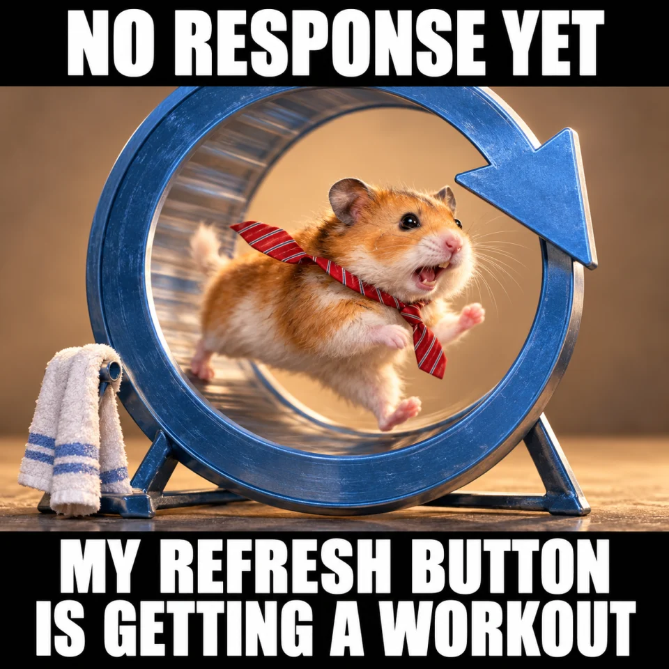 NO RESPONSE YET. MY REFRESH BUTTON IS GETTING A WORKOUT. A hamster runs in a wheel shaped like a refresh arrow.