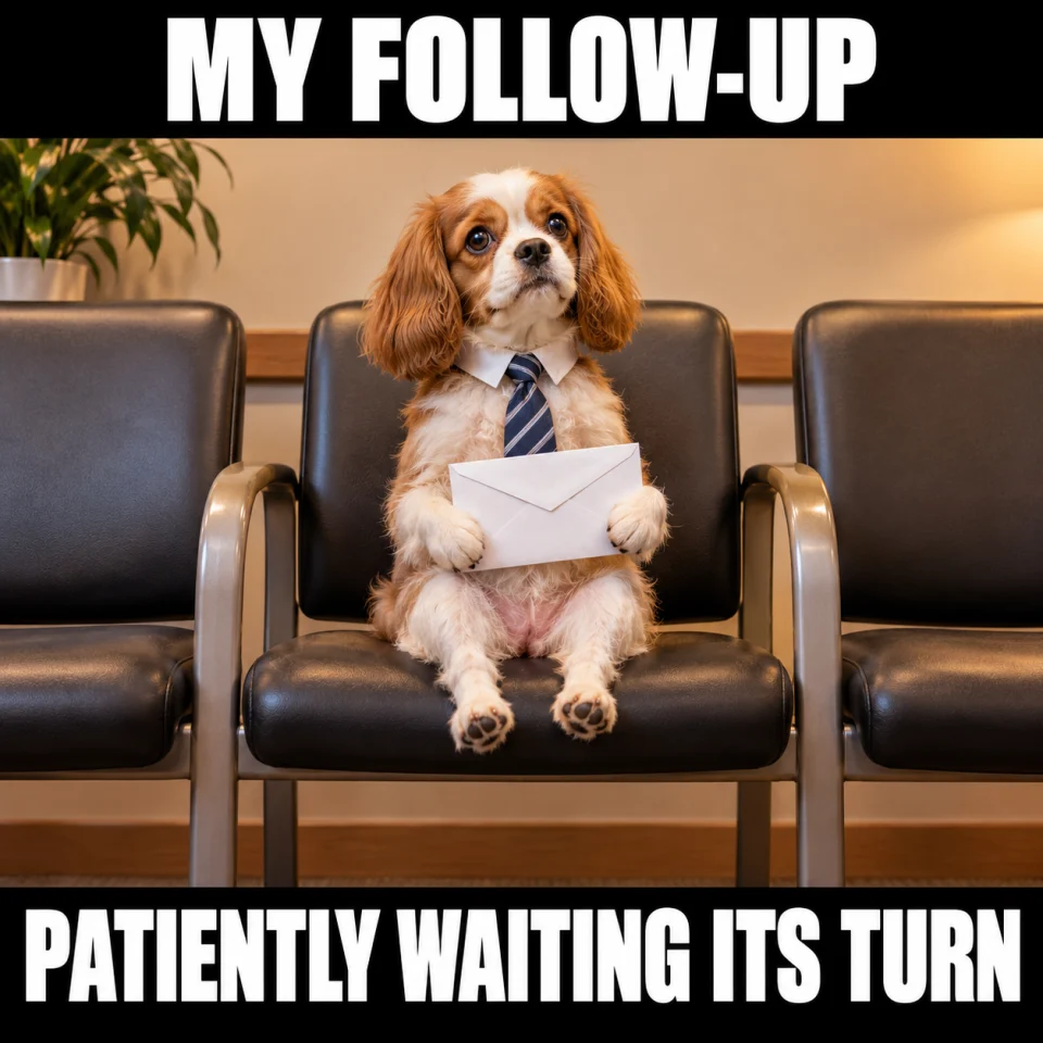 No response meme of a small dog waiting with an envelope: My follow-up, patiently waiting its turn.