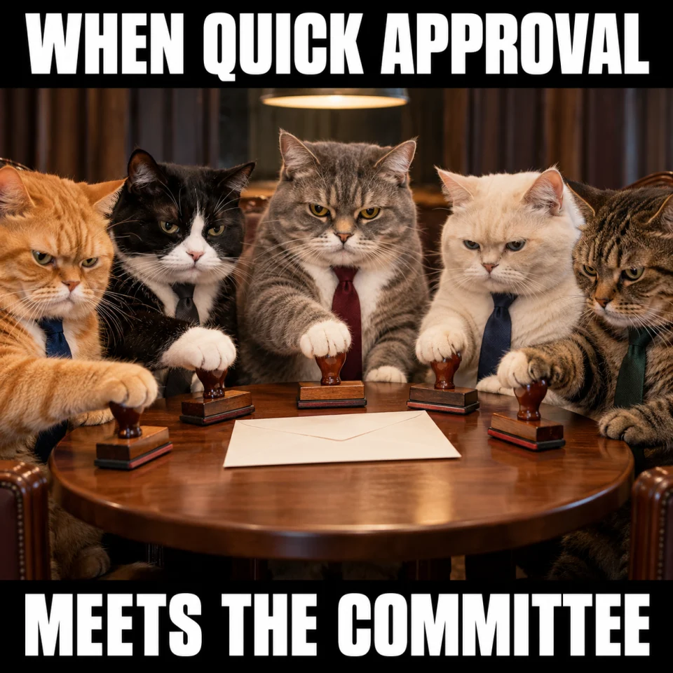 WHEN QUICK APPROVAL. MEETS THE COMMITTEE. Five serious cats prepare to stamp one document.