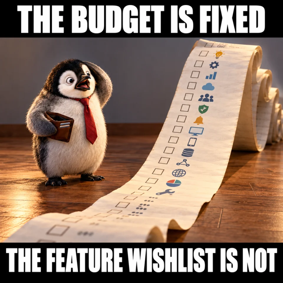 THE BUDGET IS FIXED. THE FEATURE WISHLIST IS NOT. A penguin holds a wallet beside a very long feature wishlist.