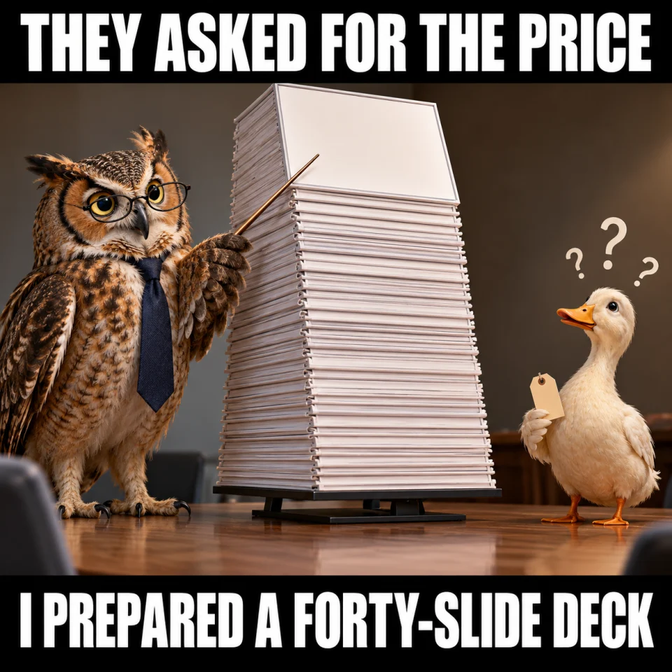 THEY ASKED FOR THE PRICE. I PREPARED A FORTY-SLIDE DECK. An owl presents a huge stack of slides to a duck holding a price tag.