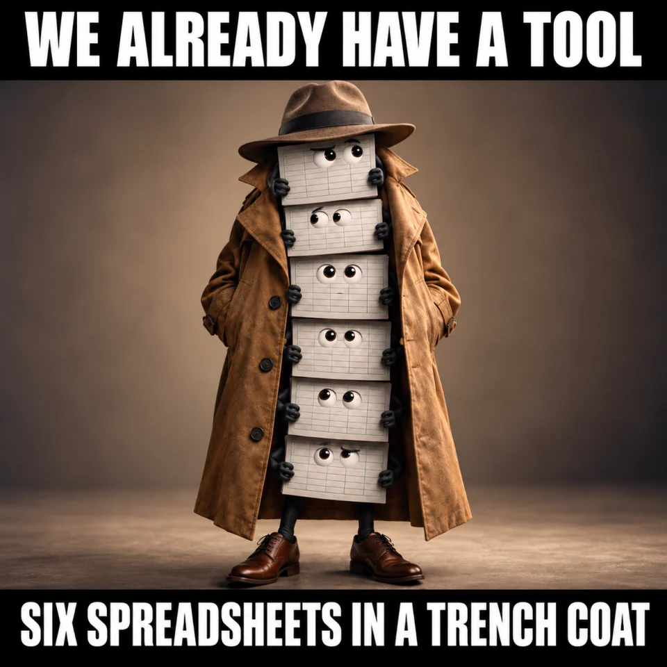 Sales objection meme: We already have a tool; six spreadsheets in a trench coat, illustrated by stacked spreadsheet pages wearing a coat.