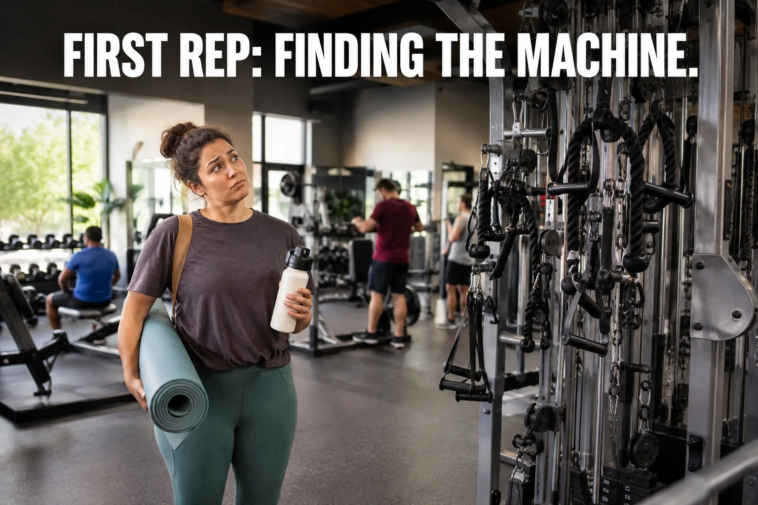 A fictional gym beginner looking thoughtfully at a cable machine with the caption ‘First rep: finding the machine.’