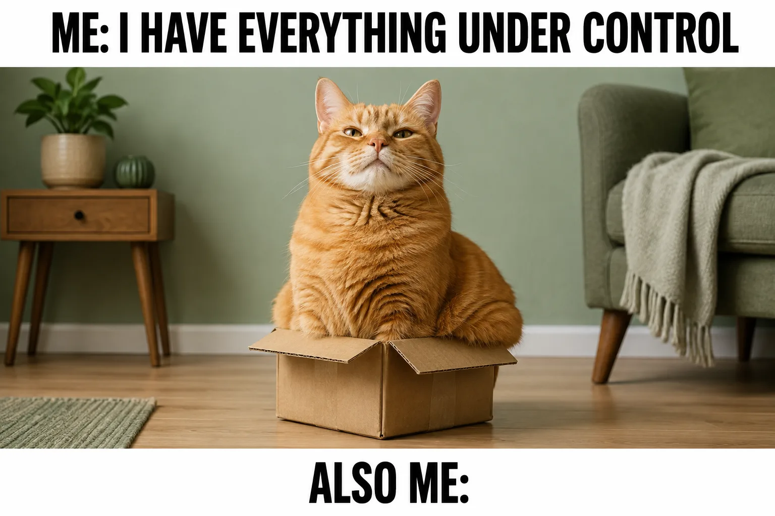A confident orange cat in a tiny cardboard box under the caption about having everything under control.