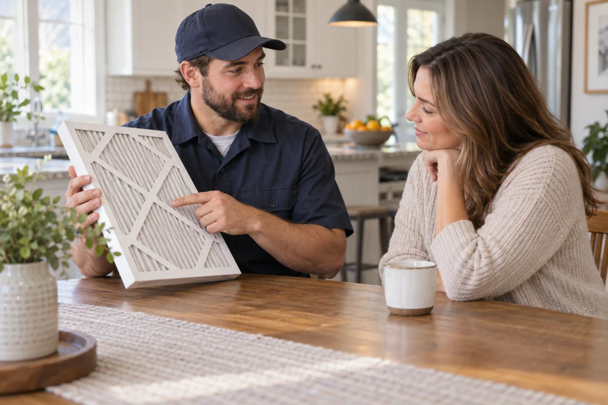 Fictional HVAC technician showing a homeowner an air filter during a conversation.