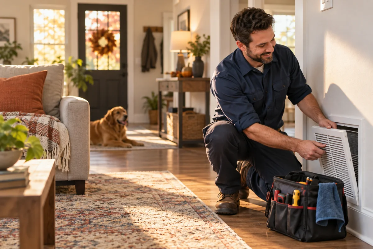 Fictional HVAC technician checking a home air vent in warm afternoon light.