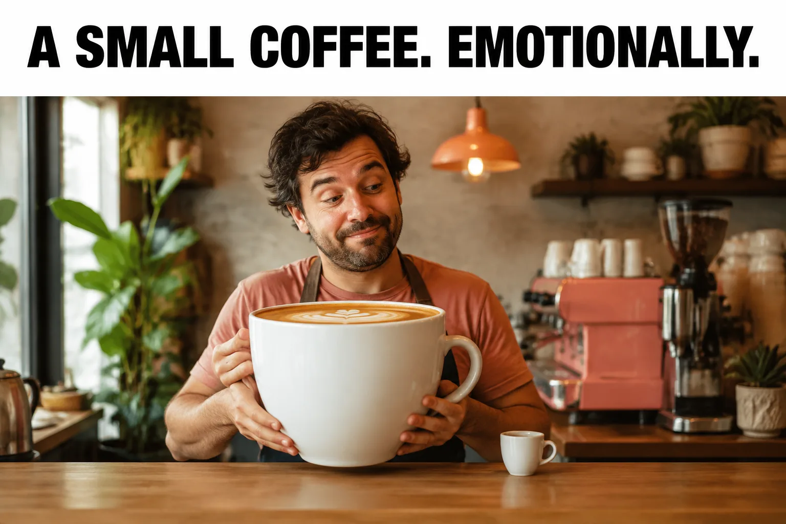 A man holding an absurdly large coffee under the caption ‘Just a small coffee before my first meeting’