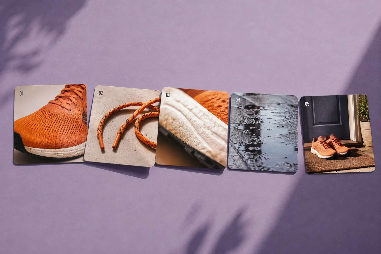 Five coordinated original shoe campaign panels arranged as a carousel concept