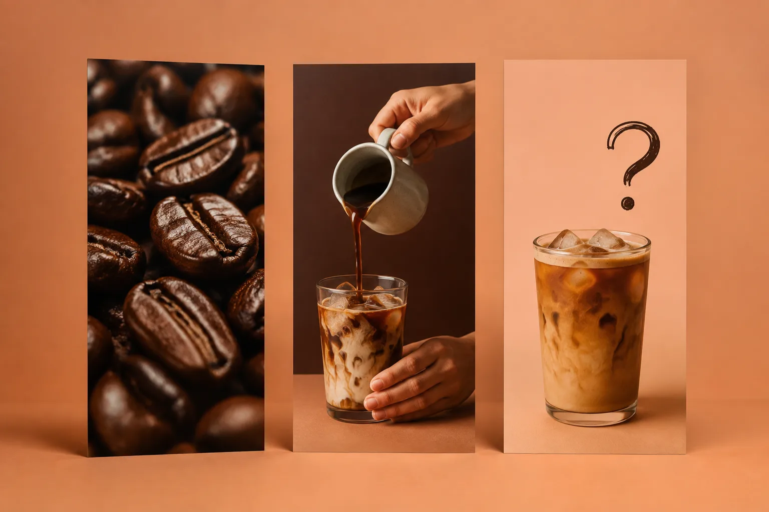 Three original vertical coffee panels showing beans, a pour, and an iced drink with a question mark