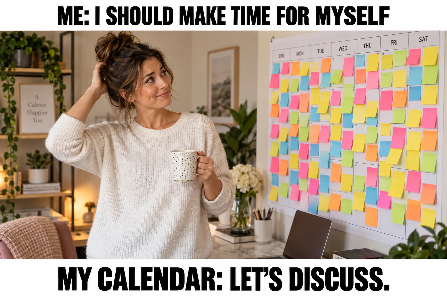 A woman faces an overloaded calendar. Meme text: Me: I should make time for myself. My calendar: let’s discuss.