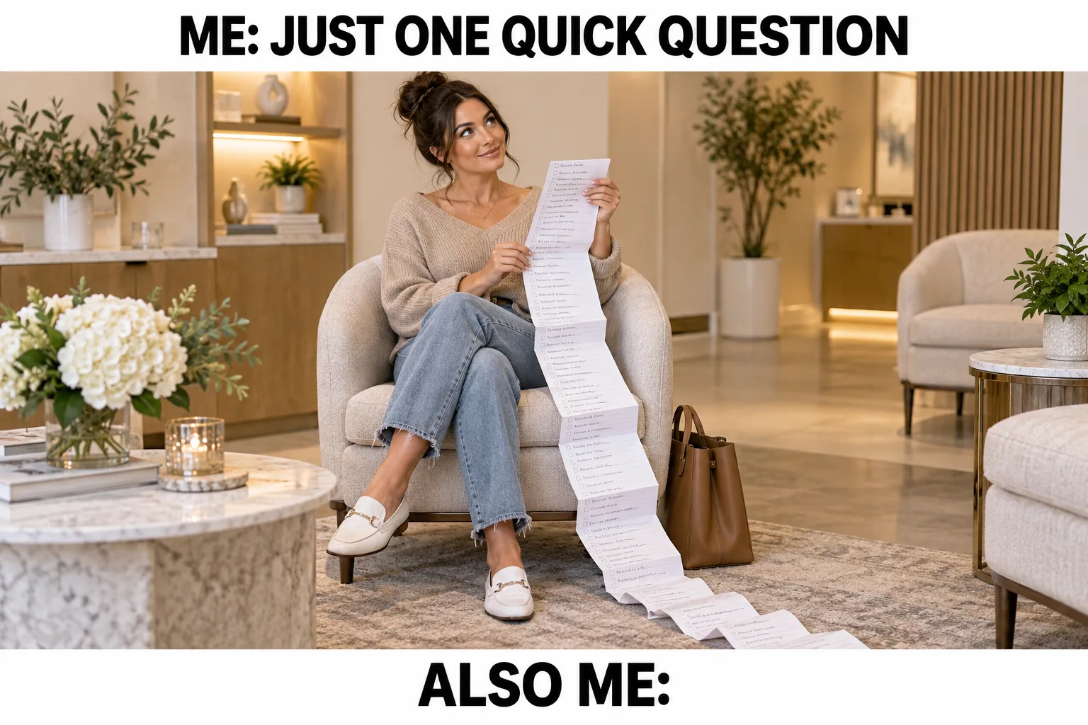 A woman holds a comically long question list. Meme text: Me: just one quick question. Also me.