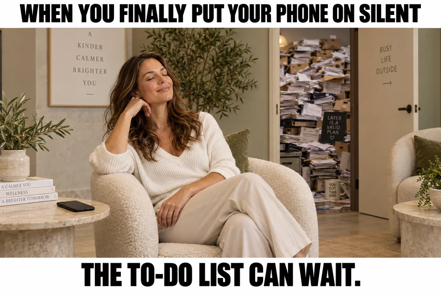 A woman relaxes in reception with her phone face down. Meme text: When you finally put your phone on silent. The to-do list can wait.