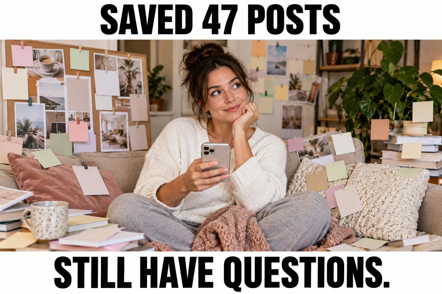 A woman with a phone surrounded by inspiration notes. Meme text: Saved 47 posts. Still have questions.